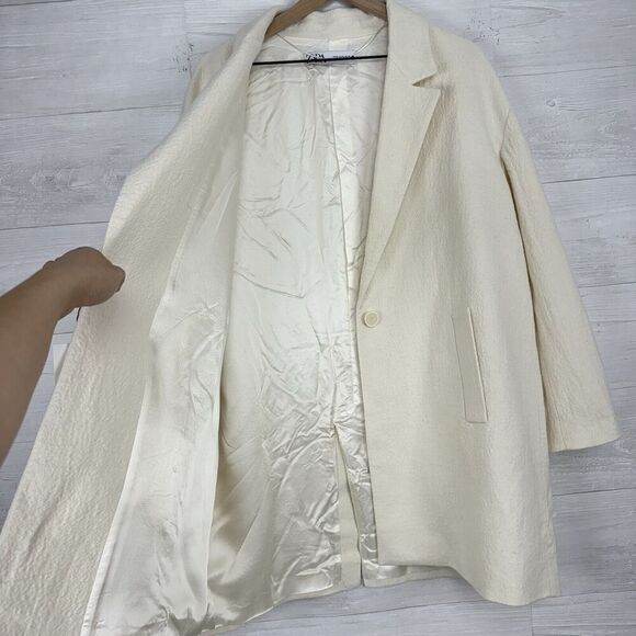 Zara Oversized Textured Wool Blend Coat Women XL Ivory Long Jacket Blazer NEW - Picture 7 of 16
